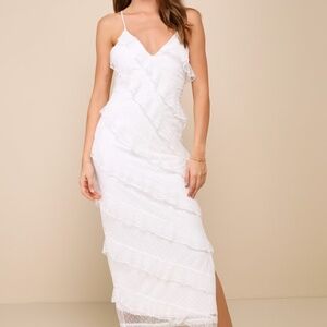 Lulus More Than Gorgeous White Mesh Ruffled Swiss Dot Midi Dress - Size S